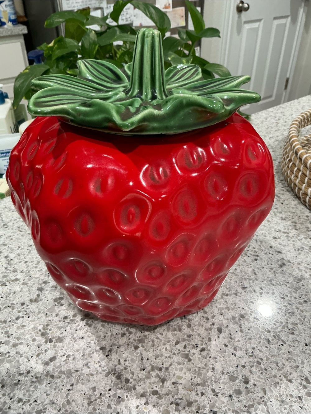 Mccoy Red Strawberry Ceramic Cookie Jar with Green Leaf Lid